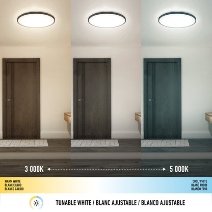 The Artika Europa 21 in. LED modern flush mount light with remote is shown illuminating a room with a wooden door and chair under three color temperatures: warm white (3000K), neutral, and cool white (5000K), with a labeled color scale below.