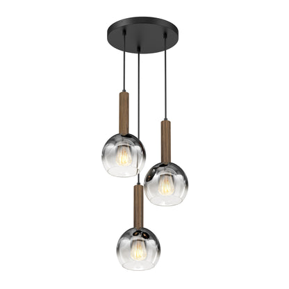 The Artika Ardel Spiral 3-Light Pendant features three hanging glass globes on black cords with wooden accents, all mounted to a round black ceiling base. Bulbs not included.