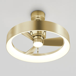The Artika Austin 23 in. LED modern ceiling fan features a brushed gold finish, circular LED light ring, three blades, a quiet motor, and comes with a remote—all installed on a white ceiling.