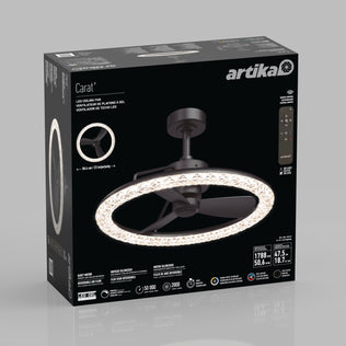 Artika Carat 23" LED Ceiling Fan features a gemstone-cut diffuser and remote, all in sleek black packaging.