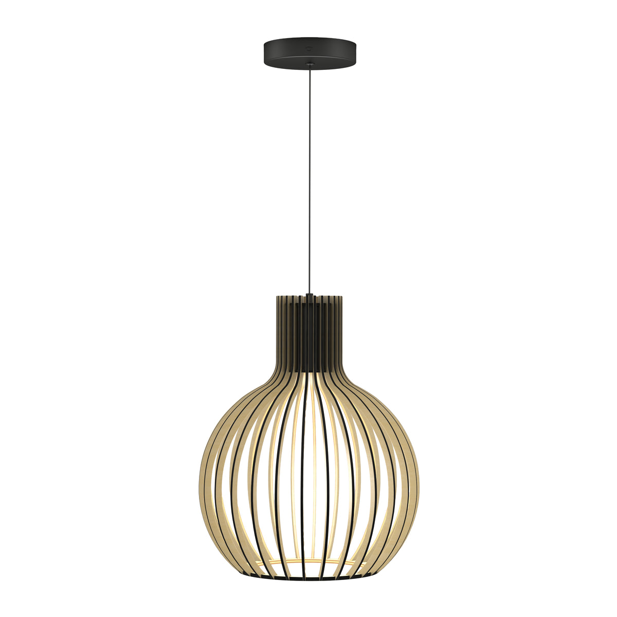 A modern pendant light with a round, open cage design made of curved wooden slats, hanging from a black cord and ceiling mount. The light bulb is visible inside the wooden frame.