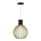 A modern pendant light with a round, open cage design made of curved wooden slats, hanging from a black cord and ceiling mount. The light bulb is visible inside the wooden frame.