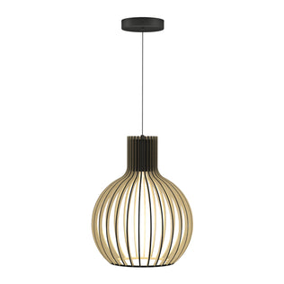 The Tomi LED Pendant Light 3 CCT by Artika features a round, cage-style wooden frame with open slats, suspended from the ceiling by a black cord and mount. Its adjustable LED emits a warm glow for modern spaces.