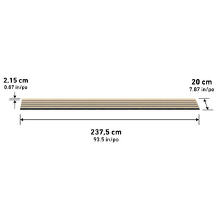 The Artika Sonolok sound-absorbing wall panel kit features horizontal wooden planks measuring 2.15 cm (0.87 in) thick, 20 cm (7.87 in) wide, and 237.5 cm (93.5 in) long.