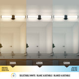 A bathroom with a wall-mounted light above a mirror showing three lighting options: warm white (3000K), neutral white (4000K), and cool white (5000K), illustrating different color temperatures.