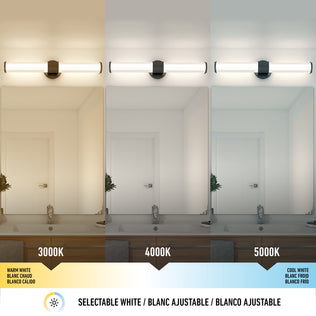 The Artika Kendra LED contemporary bathroom vanity light, shown in matte black above a mirror, offers three adjustable color temperatures—3000K, 4000K, and 5000K—to illuminate your space with warm, neutral, or cool white tones.