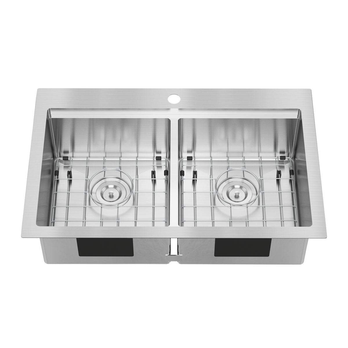 The Artika Newport double bowl stainless steel sink features a center faucet hole and protective grates in each bowl, shown from a top-down perspective.