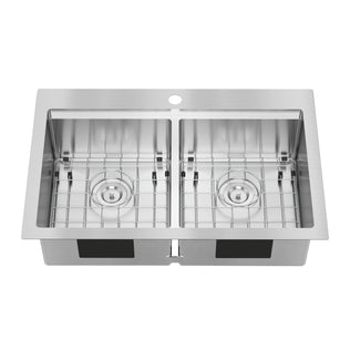 The Artika Newport double bowl stainless steel sink features a center faucet hole and protective grates in each bowl, shown from a top-down perspective.