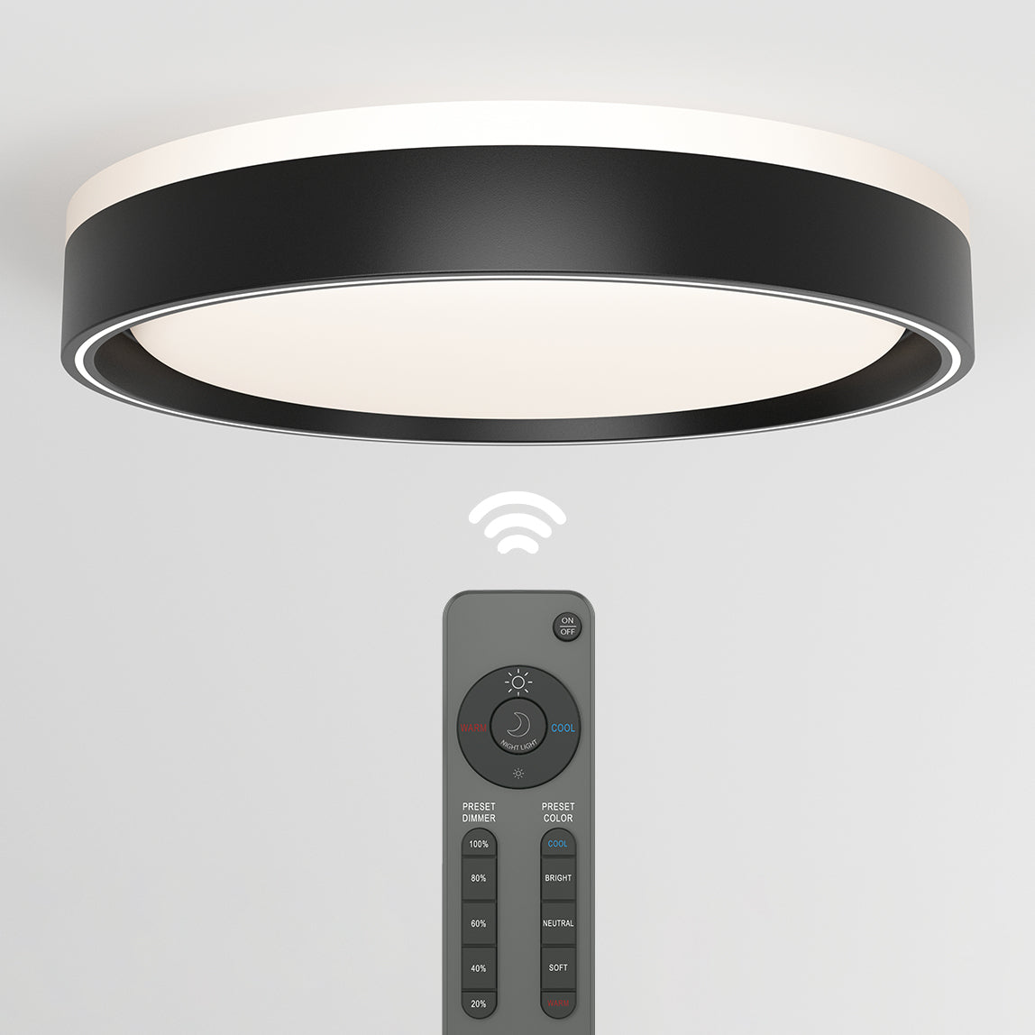 A modern, round, black and white ceiling light with a remote control below it, featuring various buttons for adjusting brightness, color, and settings. A Wi-Fi symbol indicates wireless control capability.