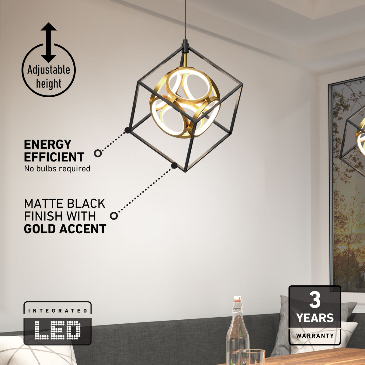 Modern pendant light with geometric black frame and gold-accented LED rings hangs above a sofa. Text highlights its adjustable height, energy efficiency, matte black finish, and 3-year warranty.