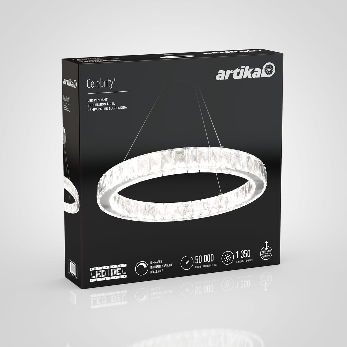 A black box package for the Artika Celebrity LED pendant light, showing a large, circular, crystal-like chandelier. Icons indicate 50,000-hour lifespan, fully adjustable dimming, and 1350 lumens.