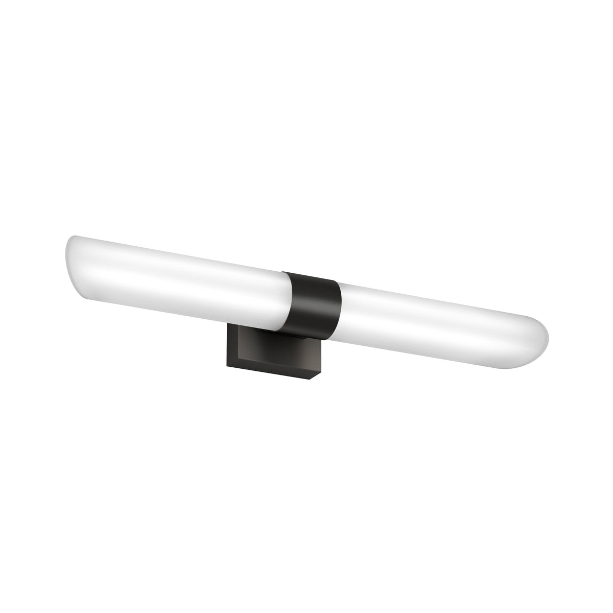 A modern wall-mounted light fixture with a horizontal cylindrical white glass shade and a black rectangular base.