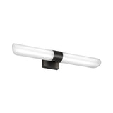 A modern wall-mounted light fixture with a horizontal cylindrical white glass shade and a black rectangular base.