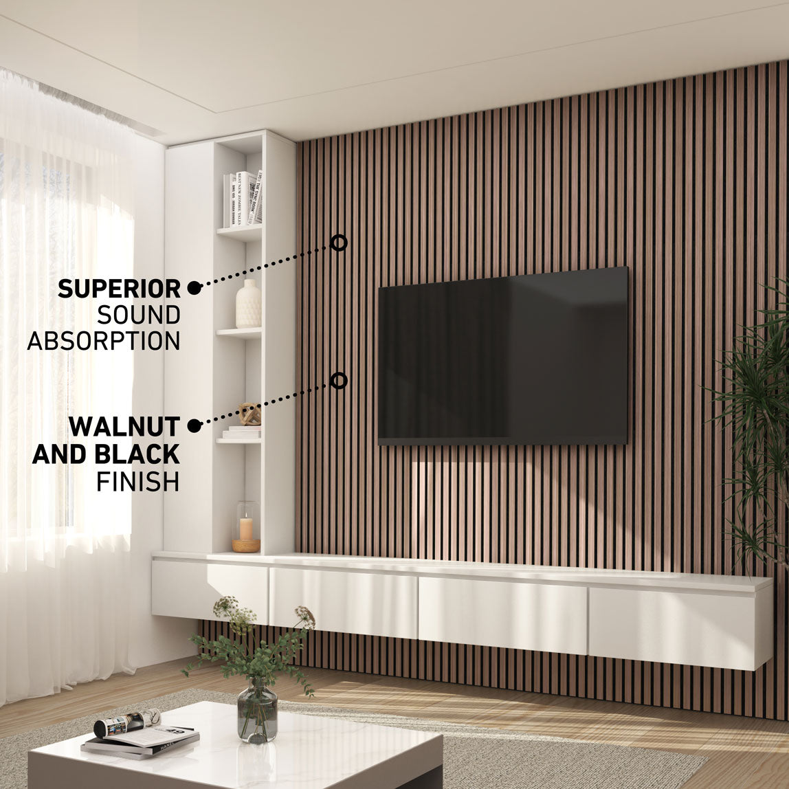 A modern living room with a TV mounted on a slatted walnut and black accent wall, labeled for its superior sound absorption and stylish finish. White shelves and cabinets, a large window, and a plant complete the space.