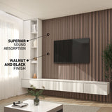 A modern living room with a TV mounted on a slatted walnut and black accent wall, labeled for its superior sound absorption and stylish finish. White shelves and cabinets, a large window, and a plant complete the space.