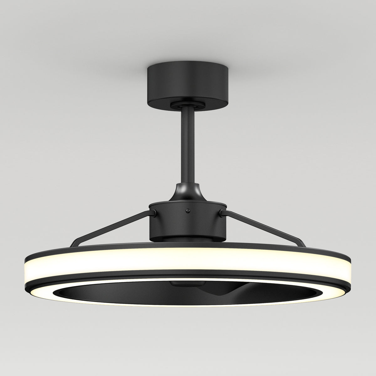 A modern ceiling light fixture with a circular, black frame and a glowing white LED ring, suspended from the ceiling by a central black rod and supports. The design is sleek and minimalistic.