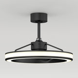 A modern ceiling light fixture with a circular, black frame and a glowing white LED ring, suspended from the ceiling by a central black rod and supports. The design is sleek and minimalistic.