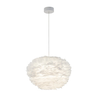 The Artika Plume LED pendant light is a round, white fixture with a fluffy, feather-like texture, hanging from a white cord and ceiling mount against a plain background.