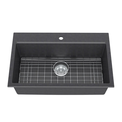 Artika Baycrest 31 in. Modern Sink: rectangular black, single bowl, silver drain, metal grid—top view.
