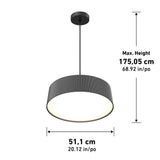Black pendant light with a ribbed cylindrical shade, suspended from the ceiling. Maximum height is 175.05 cm (68.92 in), and diameter is 51.1 cm (20.12 in). Measurements shown with arrows.