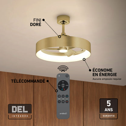 Artika Austin 23″ LED fandelier, remote control, energy-saving, wood-textured ceiling. 5-year warranty included.