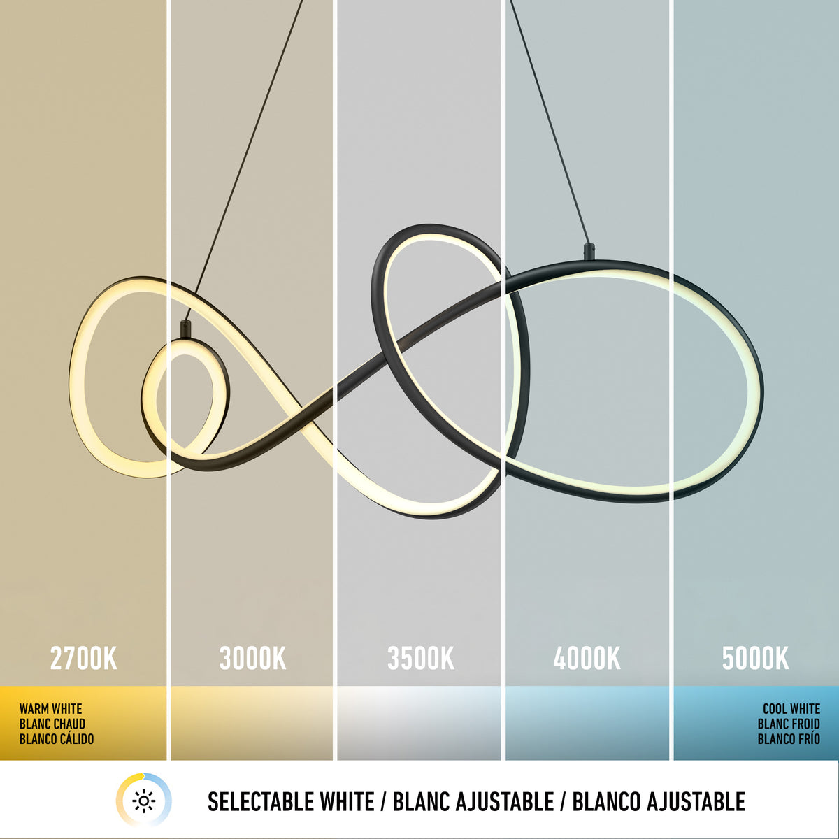 Modern loop-shaped pendant light shown in five sections, each displaying a different color temperature from warm (2700K) to cool white (5000K). Captions indicate selectable white light and temperature values.