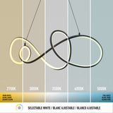 Modern loop-shaped pendant light shown in five sections, each displaying a different color temperature from warm (2700K) to cool white (5000K). Captions indicate selectable white light and temperature values.