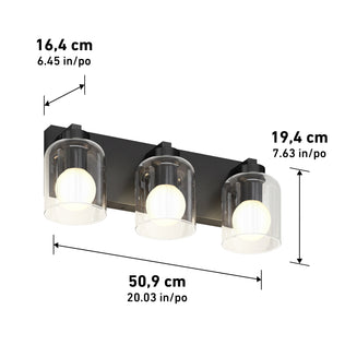 Artika Aryna 51 cm 3-Light LED Vanity, clear glass shades, 3000K; great bathroom lighting. H19.4 x D16.4 x W50.9 cm.