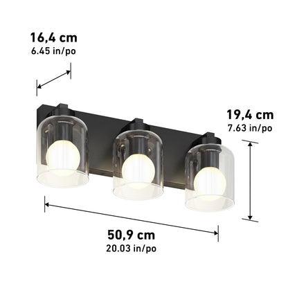 Artika Aryna 51 cm 3-Light LED Vanity, clear glass shades, 3000K; great bathroom lighting. H19.4 x D16.4 x W50.9 cm.