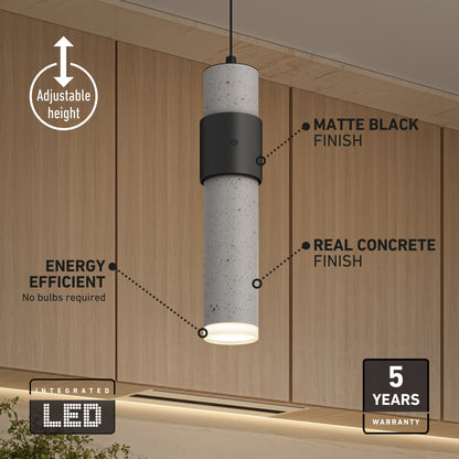 The Artika Barden 1-light LED pendant features a matte black and real concrete finish, adjustable height, integrated energy-efficient LED with 5 CCT options, and a 5-year warranty—perfect over kitchen wood cabinets.