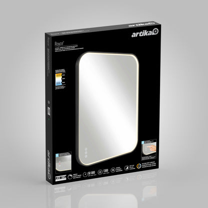The image displays a black Artika product box for the Royce dimmable LED mirror 3 CCT, showing a large rectangular mirror with rounded corners, touch controls, product specs, and small instructional images on the packaging.