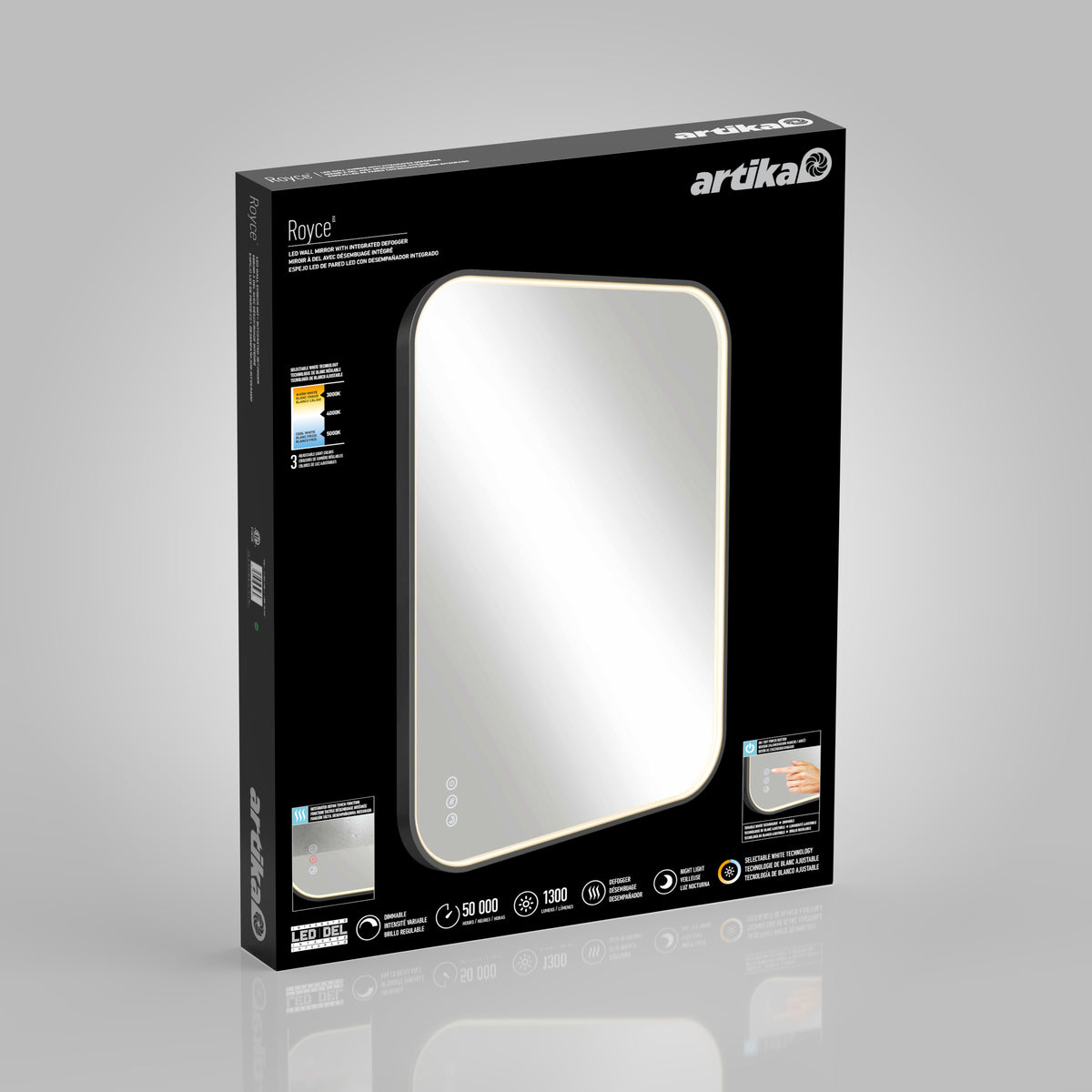 The image shows the packaging of an Artika brand illuminated rectangular bathroom mirror with rounded corners. The box displays product features, specifications, and touch control icons on a black background.