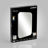 The image shows the packaging of an Artika brand illuminated rectangular bathroom mirror with rounded corners. The box displays product features, specifications, and touch control icons on a black background.