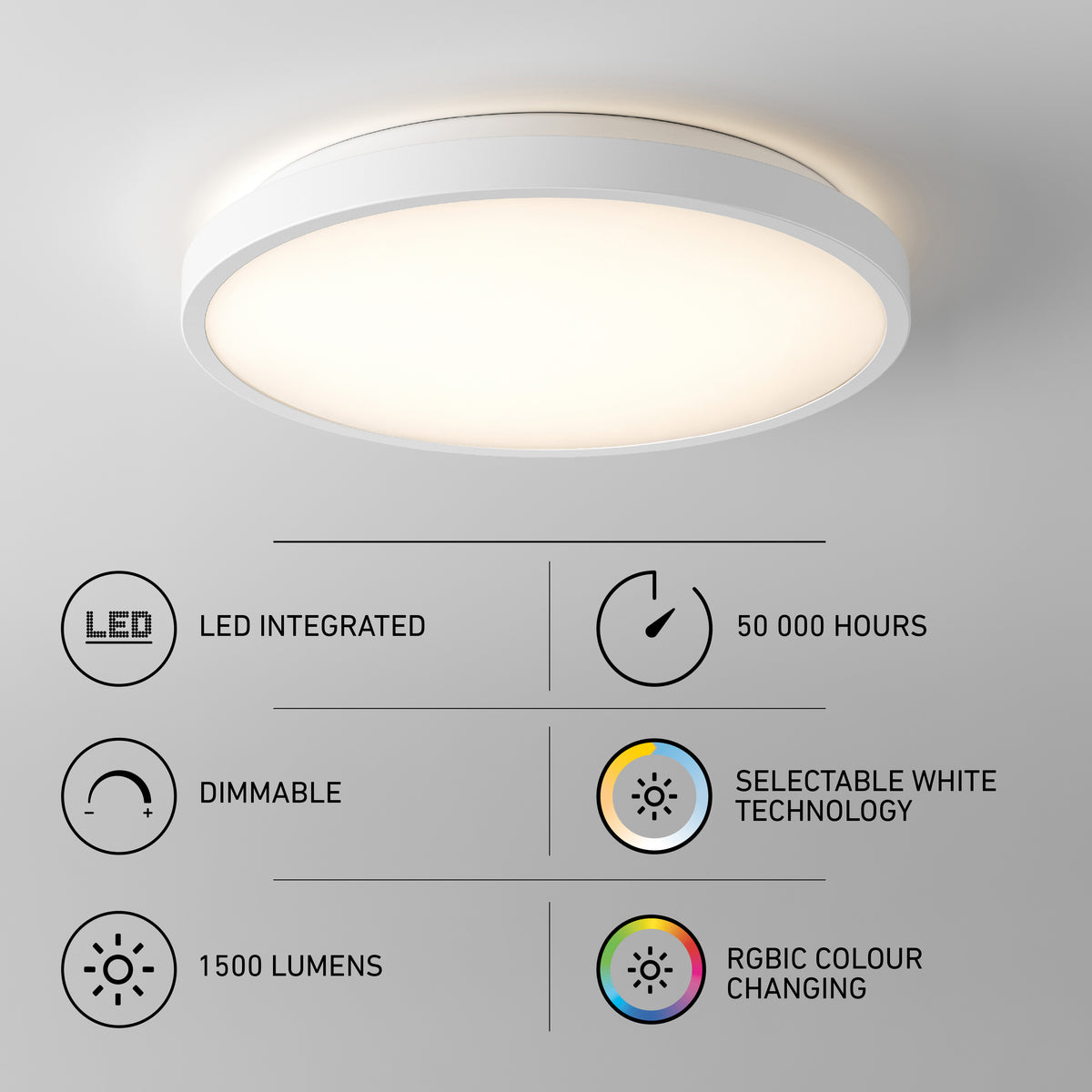 Artika Isara 12″ RGBIC LED Flush Mount: Dimmable, 1500lm, 50K hrs, tunable white & RGBIC color-changing with interchangeable trim.