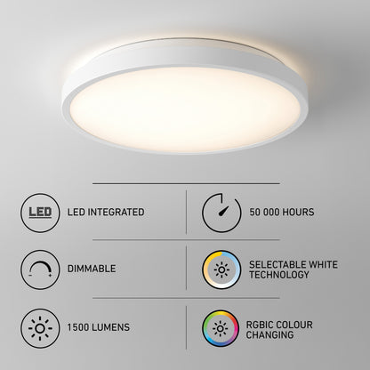 Artika Isara 12″ RGBIC LED Flush Mount: Dimmable, 1500lm, 50K hrs, tunable white & RGBIC color-changing with interchangeable trim.