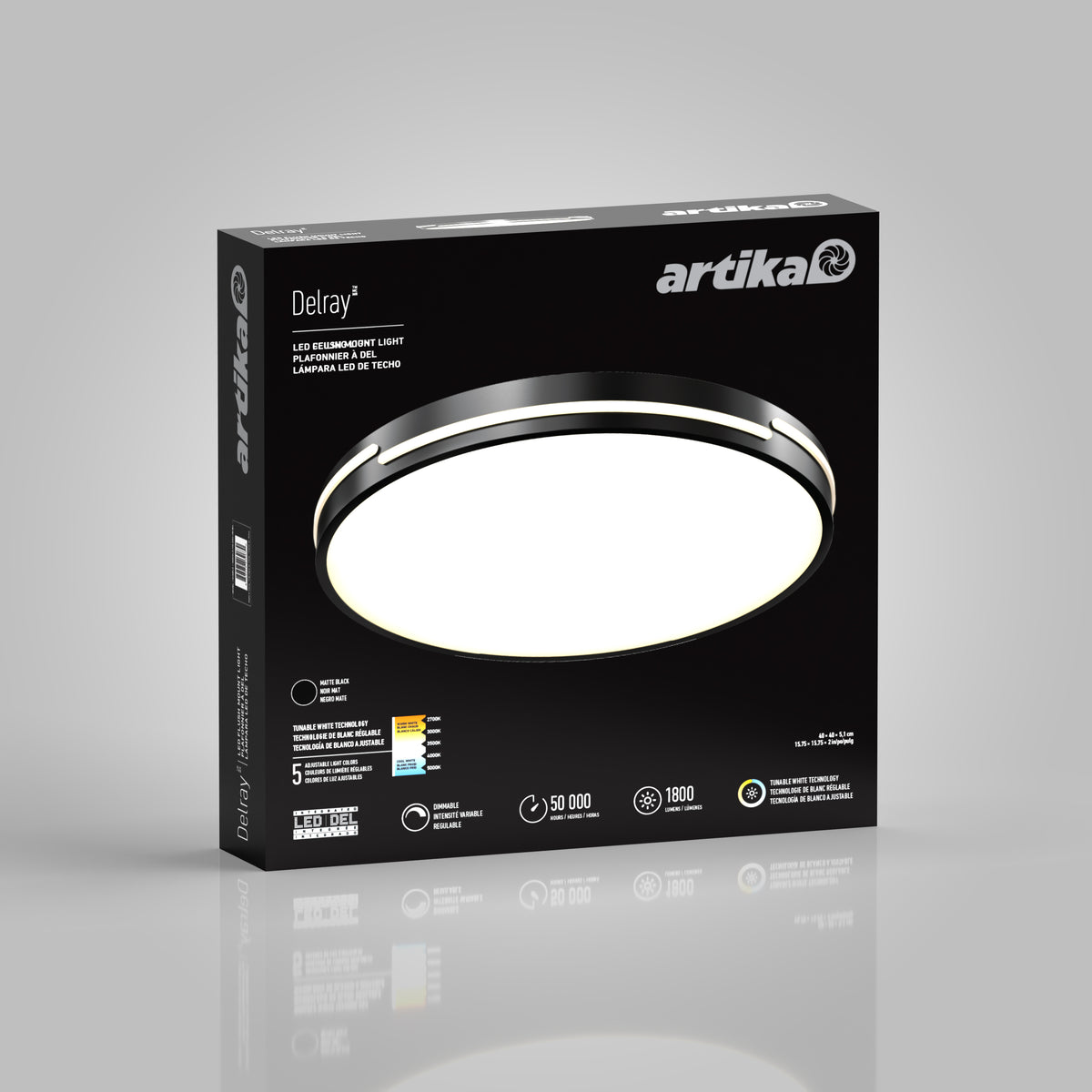 A black box for the Artika Delray LED ceiling light, featuring an image of the round fixture with product details such as 50,000-hour lifespan, 1800 lumens brightness, and three color temperature options.