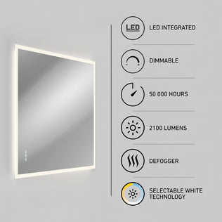 The Artika Mavis 48" x 36" Rectangular LED Mirror is shown beside icons and text featuring its dimmable LED, 50,000-hour lifespan, 2100 lumens, defogger, and selectable 3CCT white technology.