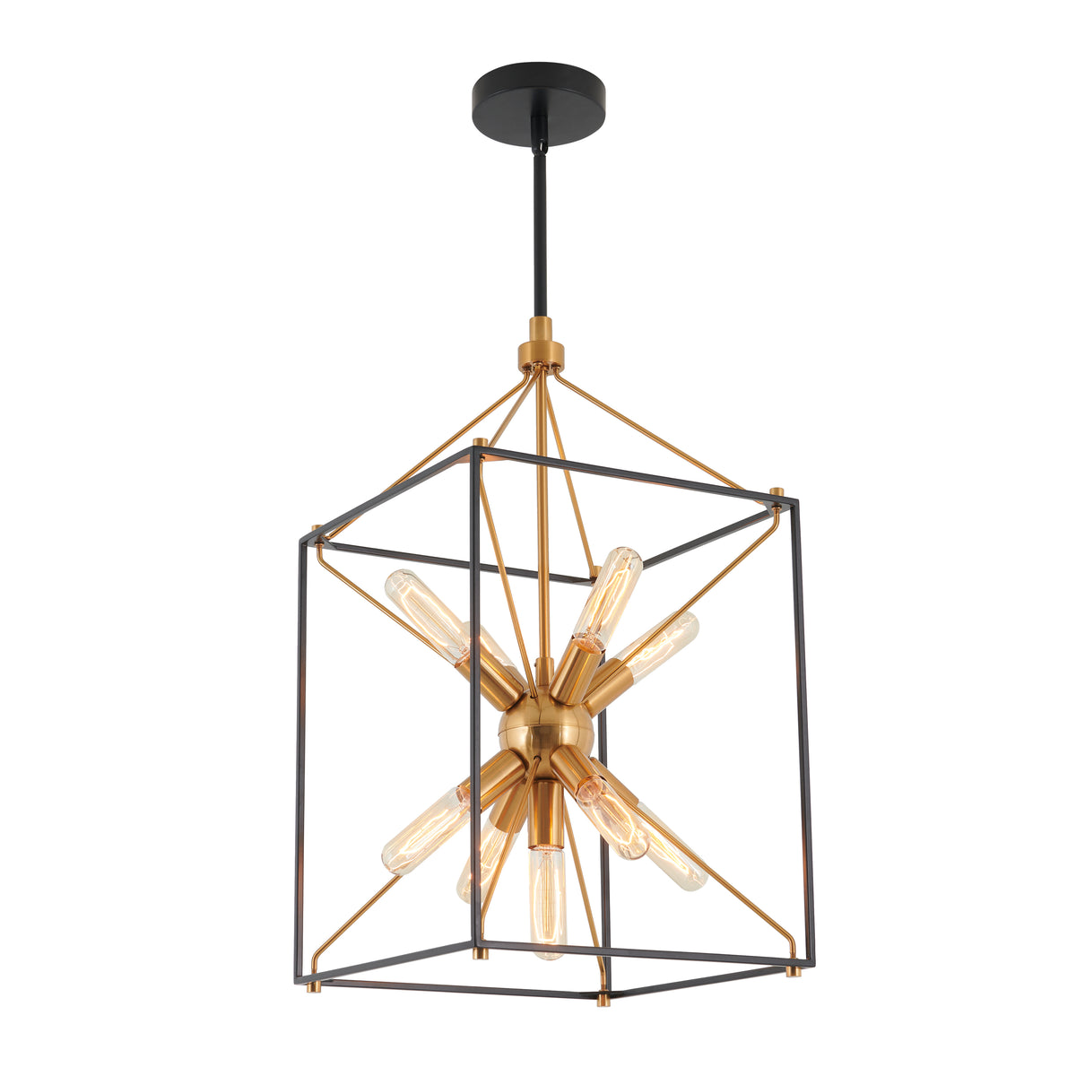 A modern pendant light fixture with exposed Edison bulbs arranged in a starburst pattern, enclosed in a geometric metal frame with black and gold finishes, hanging from a black ceiling mount.