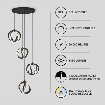 Artika Vivaldi modern LED 4-light pendant 5 CCT with four spiraled frames, 1650 lumens, and a 50,000-hour lifespan.