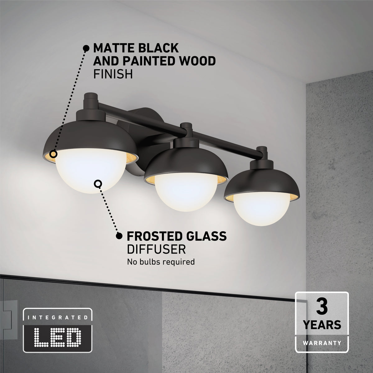 A modern bathroom wall light with three round frosted glass diffusers, matte black and painted wood finish. Integrated LED, no bulbs required. “3 years warranty” is noted in the bottom right corner.