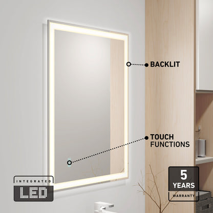 Artika Sofia 24 in. x 32 in. rectangular LED bathroom mirror with backlighting, touch controls, a defogger, and a 5-year warranty label.