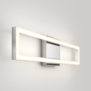 The Artika Dover modern LED bathroom vanity light 5 CCT features a sleek, minimalist design with a metallic base and glowing LED frame, mounted on a white wall for soft, even illumination.