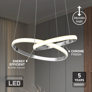 Artika Mora 28″ LED Pendant with 5CCT, featuring two chrome rings, dimmable tech, and adjustable height for versatile lighting.