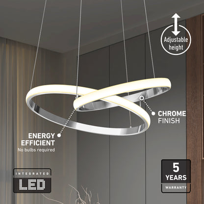 Artika Mora 28″ LED Pendant with 5CCT, featuring two chrome rings, dimmable tech, and adjustable height for versatile lighting.