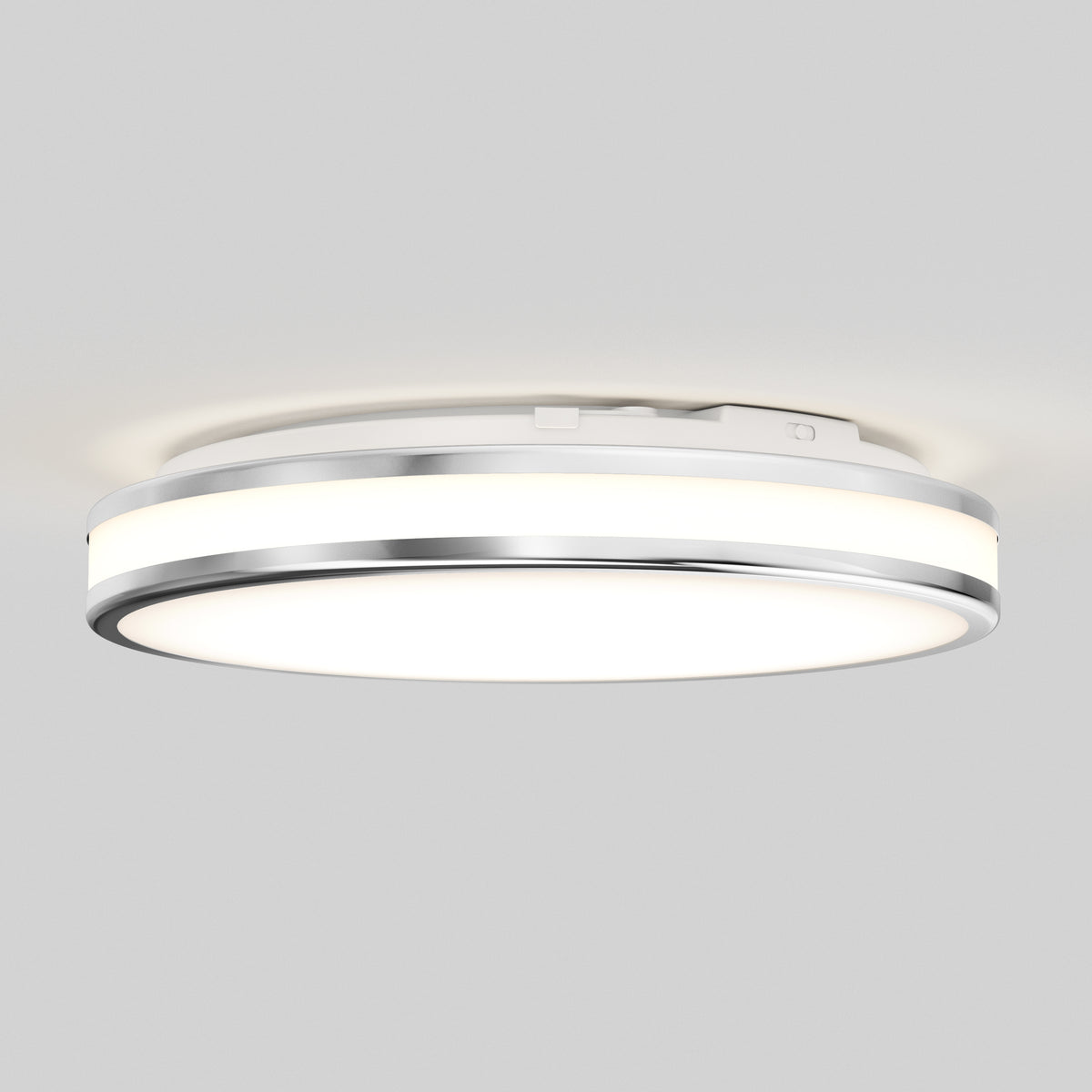 The Artika Hemisphere 15 in. LED flush mount light features a modern round design with a metallic rim, adjustable brightness (5 CCT), and a white illuminated surface, mounted on a plain light-colored ceiling.