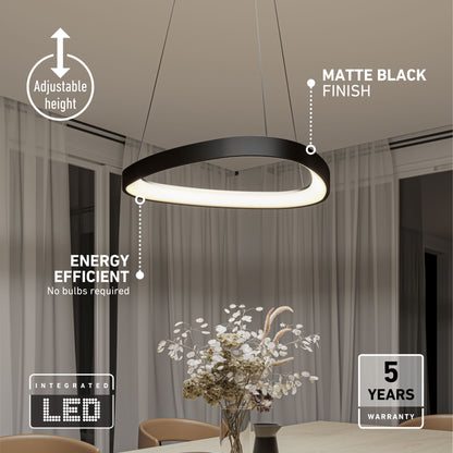 The Artika Bjorn modern LED pendant light 5 CCT, featuring a matte black finish and adjustable height, hangs above a dining table with a floral centerpiece. Enjoy energy efficiency, integrated LED tech, and a 5-year warranty.