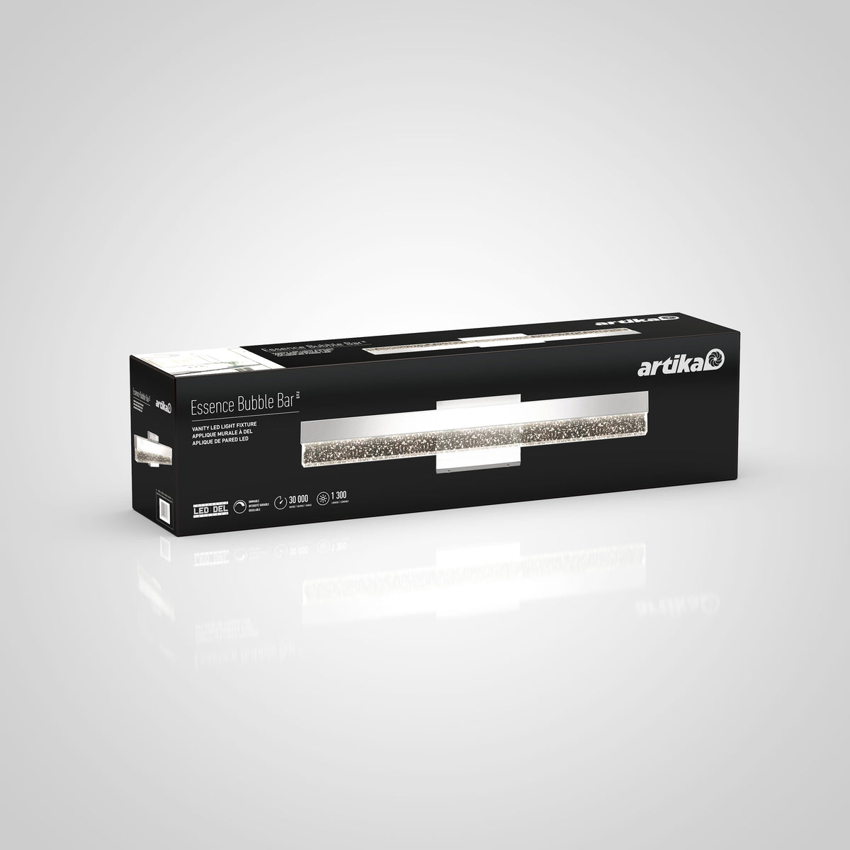 Black rectangular box for Artika Essence Bubble Bar LED bathroom vanity light, chrome finish, on a light gray background.