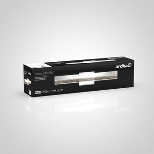 Black rectangular box for Artika Essence Bubble Bar LED bathroom vanity light, chrome finish, on a light gray background.