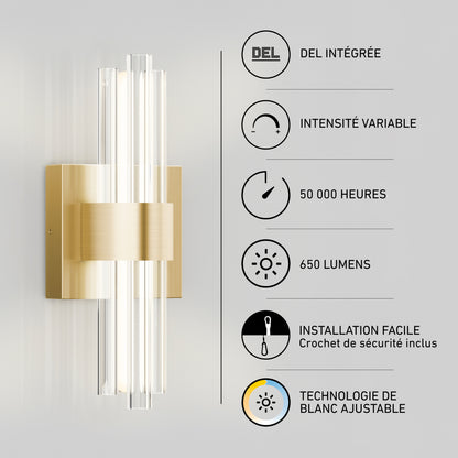Artika Dorado contemporary LED wall sconce 3 CCT with gold finish and glass rods; dimmable, 650 lumens, 50,000-hour life, and adjustable white light.