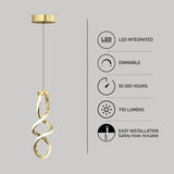 A gold, twisted modern pendant light hangs from the ceiling. Next to it, icons indicate features: LED integrated, dimmable, 50,000 hours lifespan, 750 lumens, and easy installation with safety hook included.
